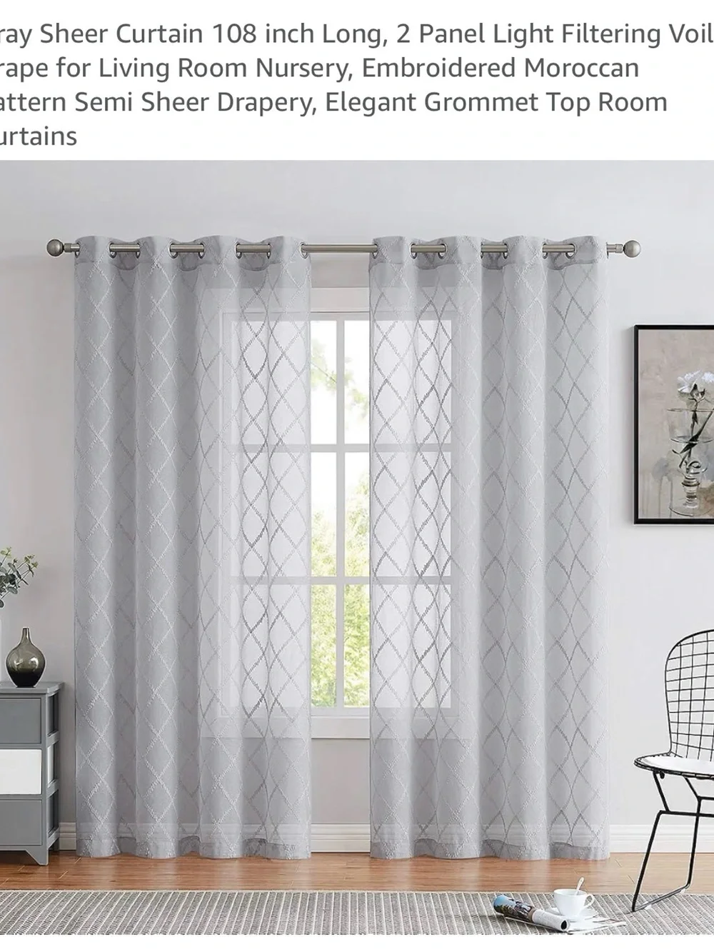 Semi Sheer Embroidered Moroccan Pattern Grommet Curtains -  (2 Panel) 52” x 108”